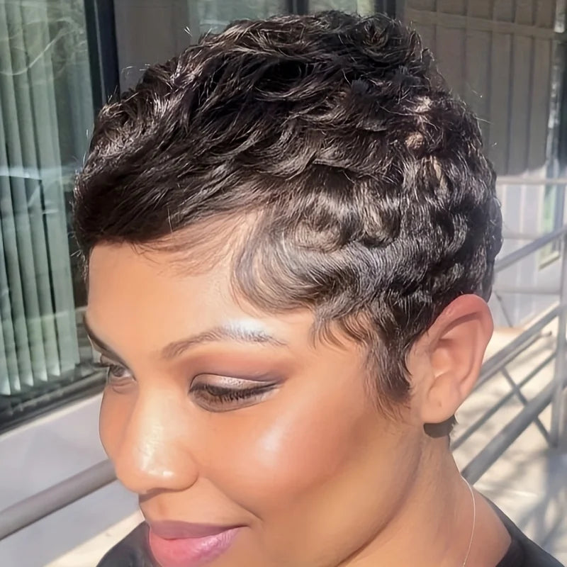 Chic Pixie Cut Wig for Women Brazilian Virgin Human Hair Layered Short Wig with Natural Black Color Machine Made Wig