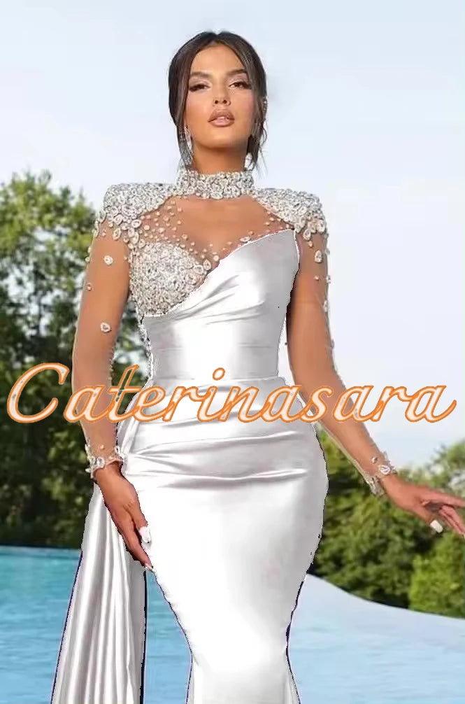 Vestidos de Noche de Lujo de Cuello Alto para Mujer, Sirena, 2024, Mangas Largas Transparentes, Vestidos de Fiesta de Boda, Graduación