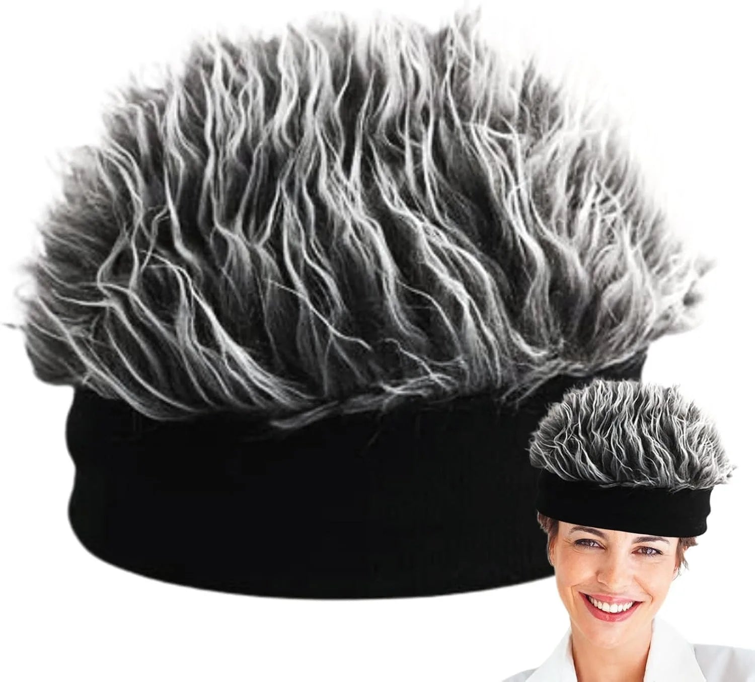 Novelty Grey Spiked Fake Hair Wig Beanie Hat, Unisex Funny Hip Hop Integrated Hair Headband Cap for Men Women Party Cosplay