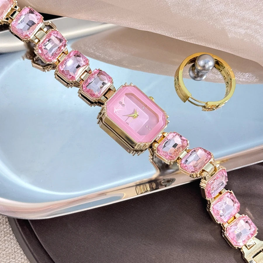 reloj de señora estilo europeo y americano de moda con esfera de diamantes de imitación, caja rectangular de color con cadena de diamantes de imitación, sección grande de mujer