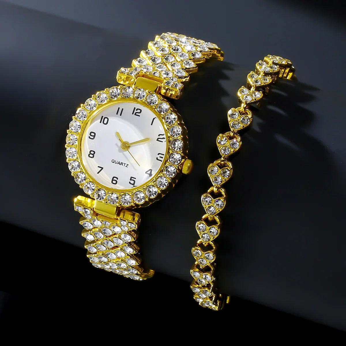 Juego de regalo de reloj de pulsera para mujer en oro rosa, 2 piezas/set, con esfera de números romanos, pedrería, reloj de cuarzo y correa de aleación, ideal para mamá