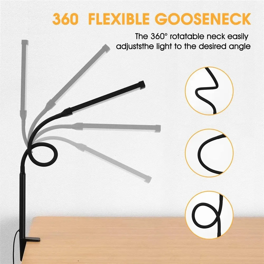 Lámpara de Escritorio LED de Uno o Dos Cabezales con Atenuación Continua, 3 Colores, Cuidado Ocular para el Hogar, Oficina, Luz de Lectura, Lámpara Flexible Ajustable