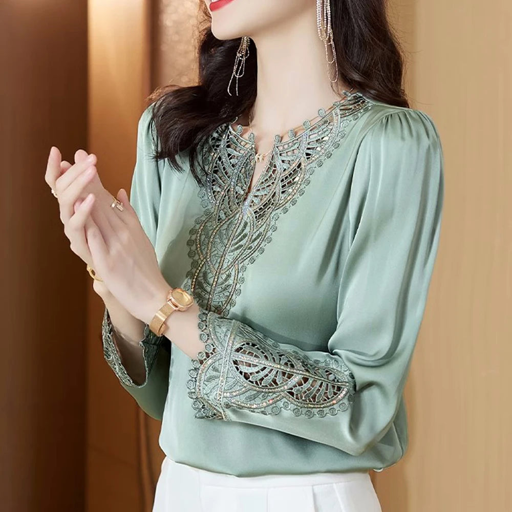 Moda Mujer Blusas de Seda Primavera Otoño Camisas de Manga Larga Bordadas Elegantes Tops de Diseño Retro para Oficina