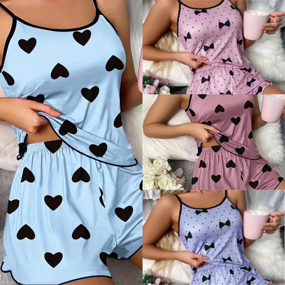 Conjunto de pijama para mujer Pijamas Camisetas Pantalones cortos Estampado de corazón rosa Camiseta de cuello redondo Top de seda de hielo Cómodo Informal Verano