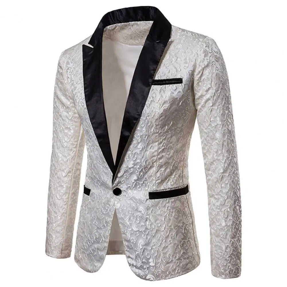 Chaqueta de hombre de lujo con jacquard, un botón, corte ajustado, cuello vuelto, de alta calidad, para bodas y banquetes