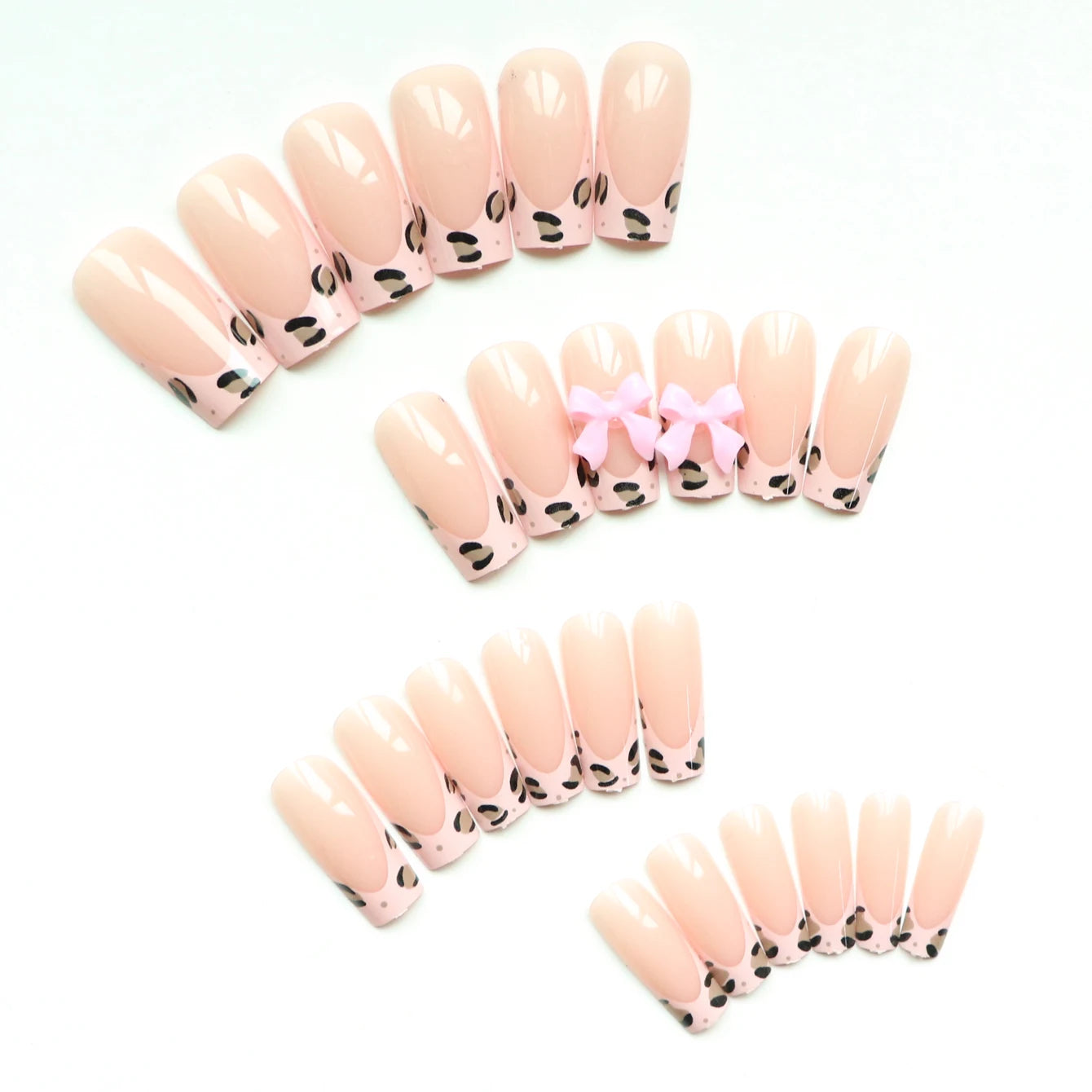 24pcs Upgrade Your Look With Pink leopard print bow full coverage false nail set 1pc Nail File & 1Nail Glue Sticker Kit Nails