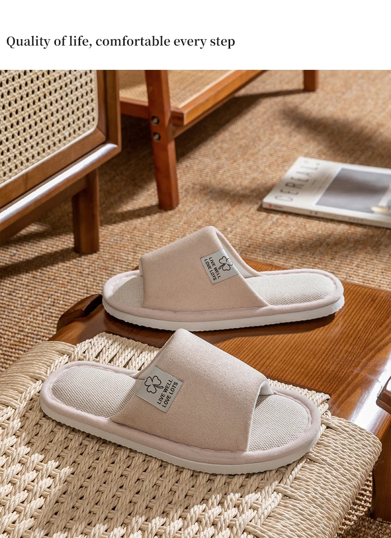 Pantuflas de hombre, antideslizantes de suela blanda para interior, para primavera y verano, de lino para todo el año, cómodas para el hogar