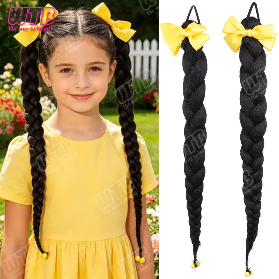 Children's Wig Synthetic Ponytail Wig Elastic Band Style Bow Accessory Braided Ponytail Wig Suitable for Everyday Holiday Wear