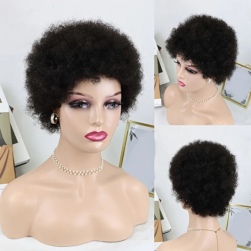 Medium Brown Afro Kinky Curly Wigs for Black Women 30# Kinky Curly Human Hair Afro Wigs African American Machine Made Pixie Wig