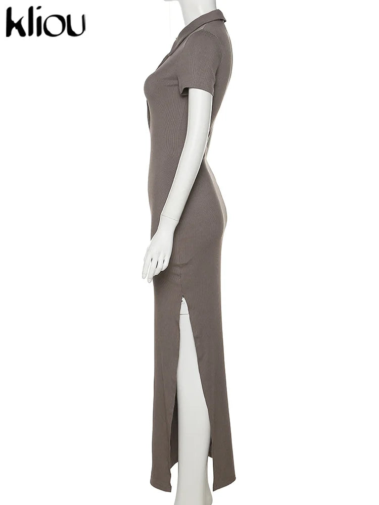 Kliou Elegante Vestido Largo de Oficina para Mujer Color Liso Cuello Vuelto Manga Corta Botones Abertura Lateral Moldeador de Cuerpo Estilo Urbano
