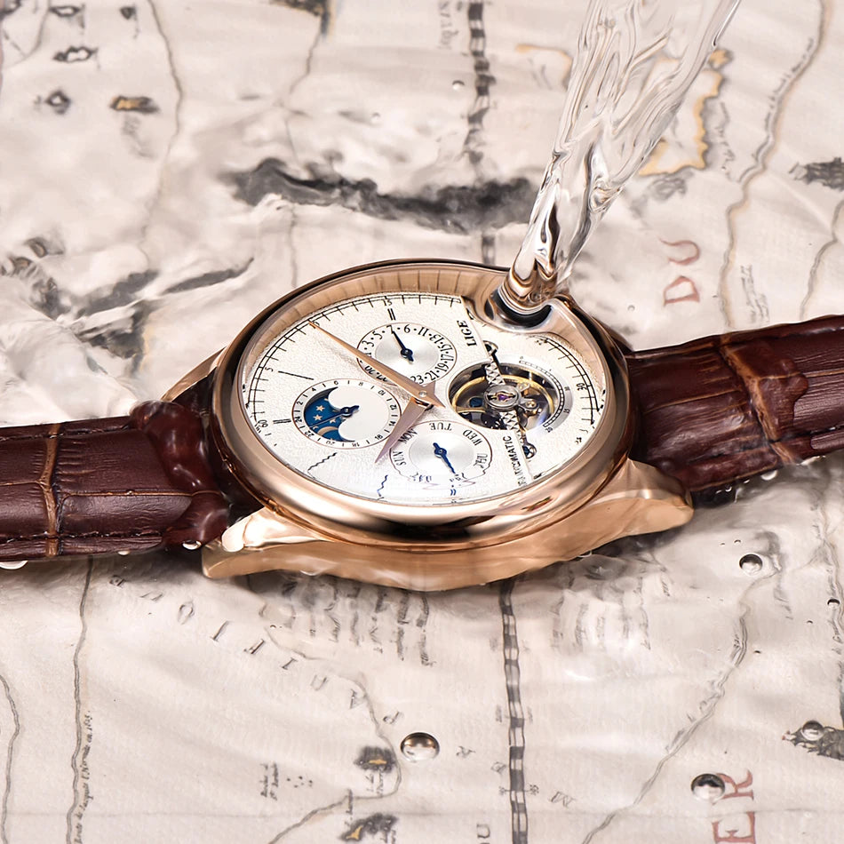 LIGE Relojes para hombre Reloj mecánico automático Reloj Tourbillon Piel auténtica Reloj impermeable Reloj de pulsera militar para hombre