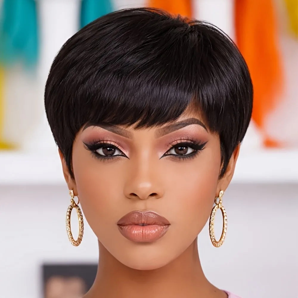 Peluca de pelo natural para mujer adecuada para mujeres, peluca corta lisa con flequillo, hecha a máquina
