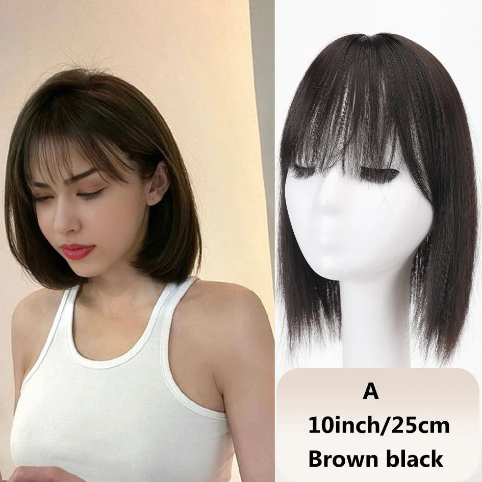 Syntetisk dameparykk med rett hår, 25 cm/30 cm pannelugg, topperstatning, tre kort, svart parykk/brun parykk/beige parykk/khaki parykk