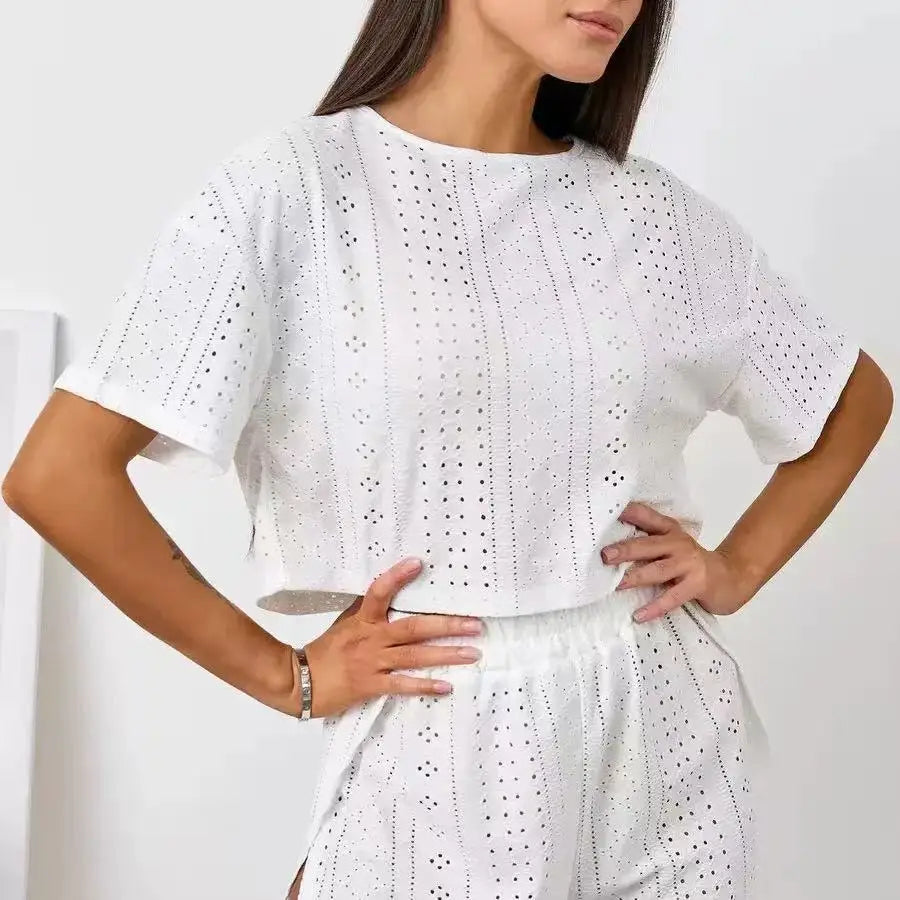 Conjunto de pijama de dos piezas para mujer, cuello redondo, manga corta, tops holgados casuales, pantalones cortos de salón, cintura elástica, color liso, trabajo, verano