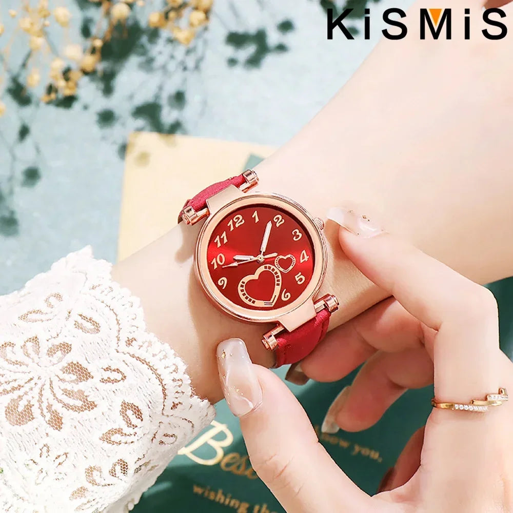 Reloj de moda para mujer, reloj de cuarzo con corazón de durazno para mujer, correa de cuero esmerilado, reloj de pulsera para mujer, reloj de vestir informal, regalo para ella