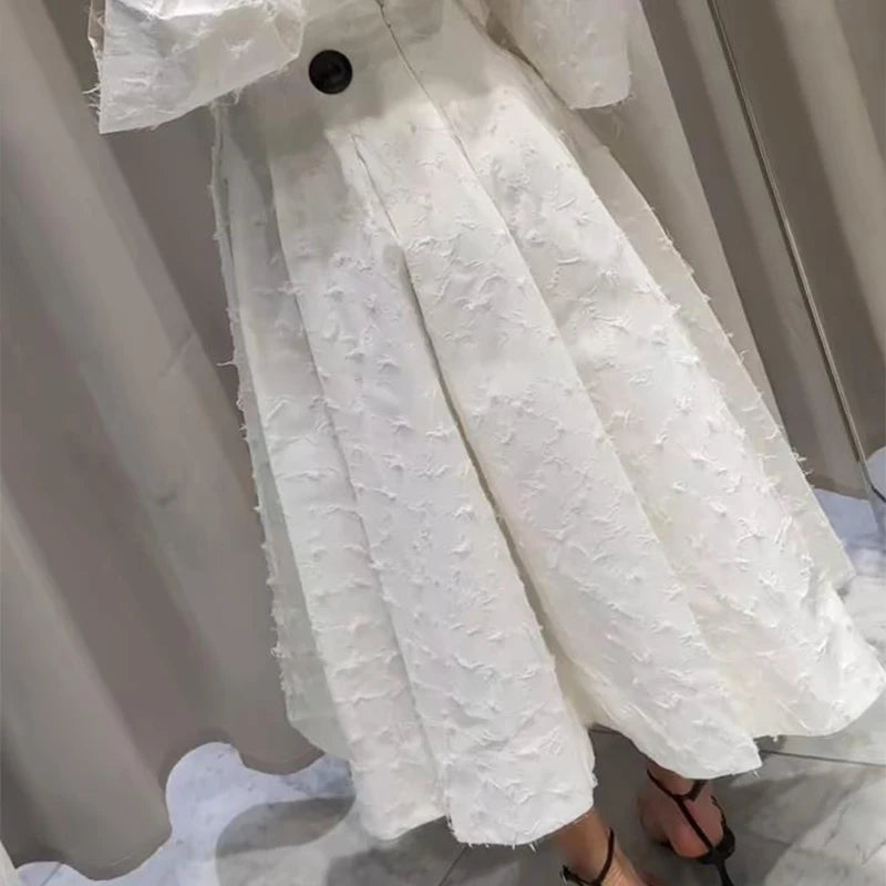 Conjunto de falda larga y camisa blanca con borlas para mujer, blusa suelta con botones, solapa y manga de puño, falda acampanada de cintura alta, conjunto de 2 piezas para verano de 2025
