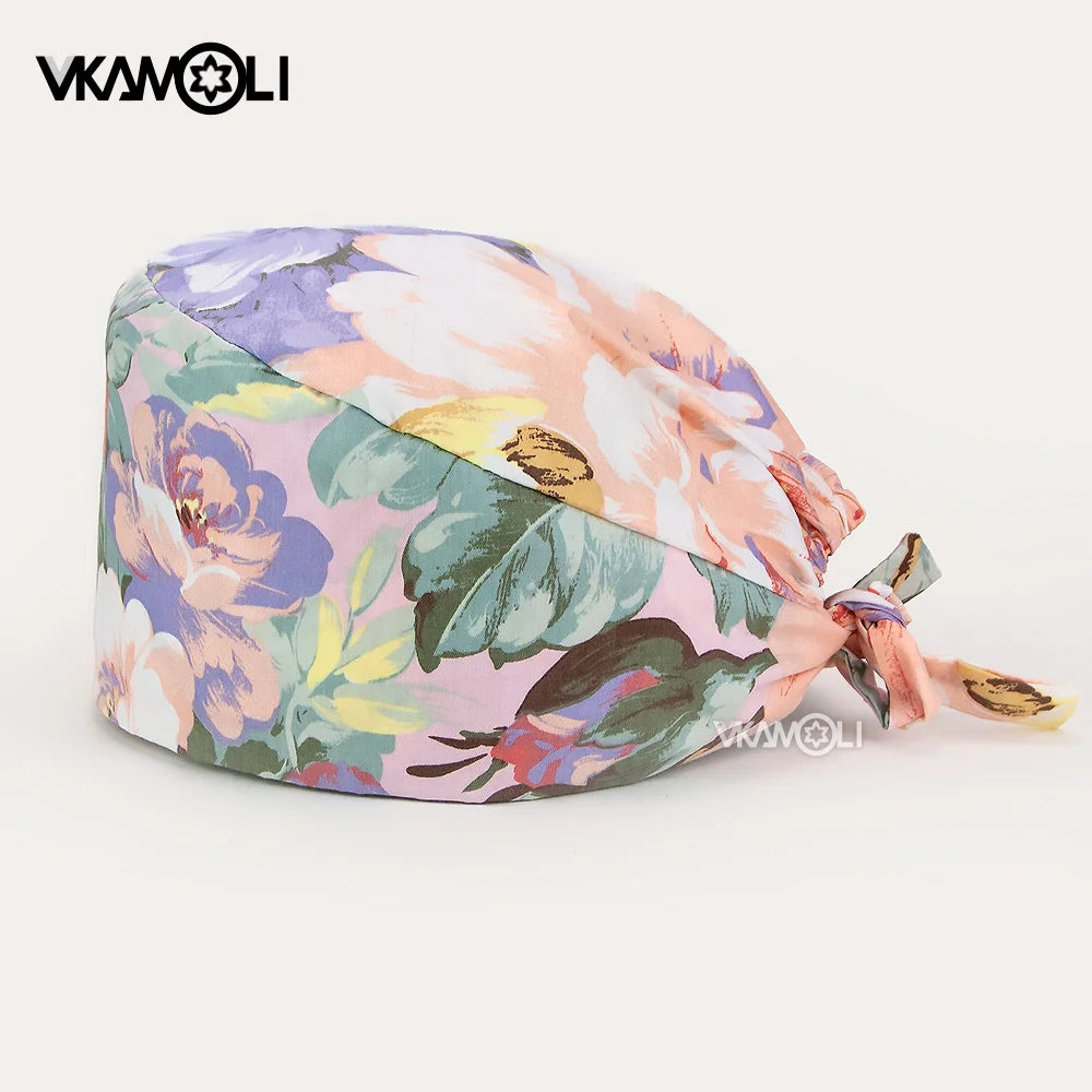 Fashion scrubs caps Adjustable cotton Flower printing hats High Quality adjustable sweat-absorbent Elastic multicolor scrubs hat