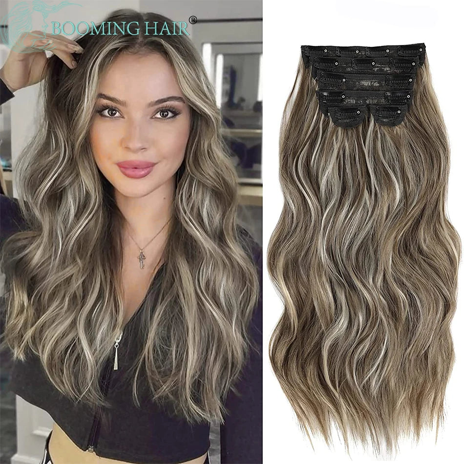 Forlengelser Lang Syntetisk Klips I Hår Bølget Klips I Hårforlengelser 6 stk/sett Syntetisk Ombre Blond Brun Tykk Hårstykker