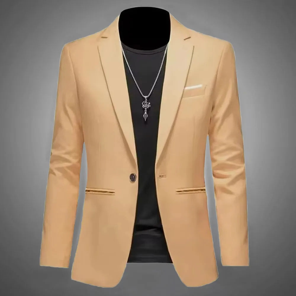 Chaqueta tipo traje boutique de ocio de moda para hombres, informal de otoño, corte ajustado, sin planchado, con un solo botón, color liso, blusa formal