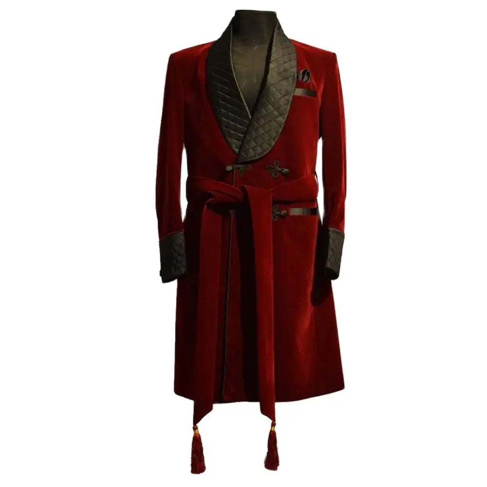 Smoking Men Suits Burgundy Velvet Long Blazer Black Shawl Lapel Coat Formal Elegant 1 Piece Jacket Costume Homme Male Clothing