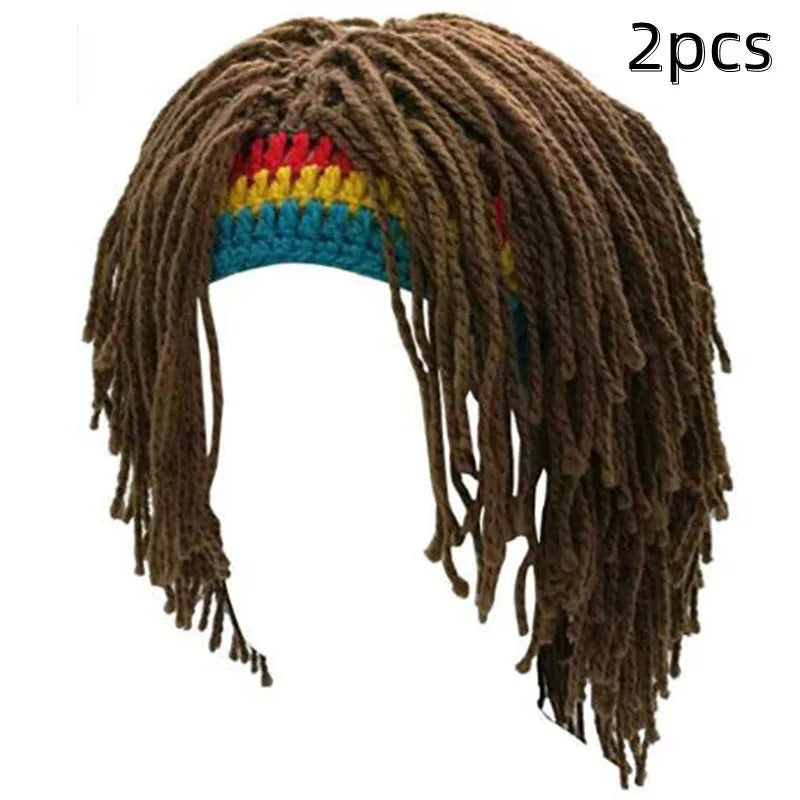 1/2pcs Jamaican Knitted Wig Braid Hat Unisex Hair Hat Handmade Fancy Wig Caps Halloween Ghost House Wig Black