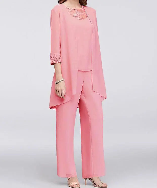 Conjuntos elegantes de pantalones para mujer, traje formal de oficina, tallas grandes, gasa, encaje, pantalones rectos, cárdigan, tops, conjuntos de 3 piezas para mujer