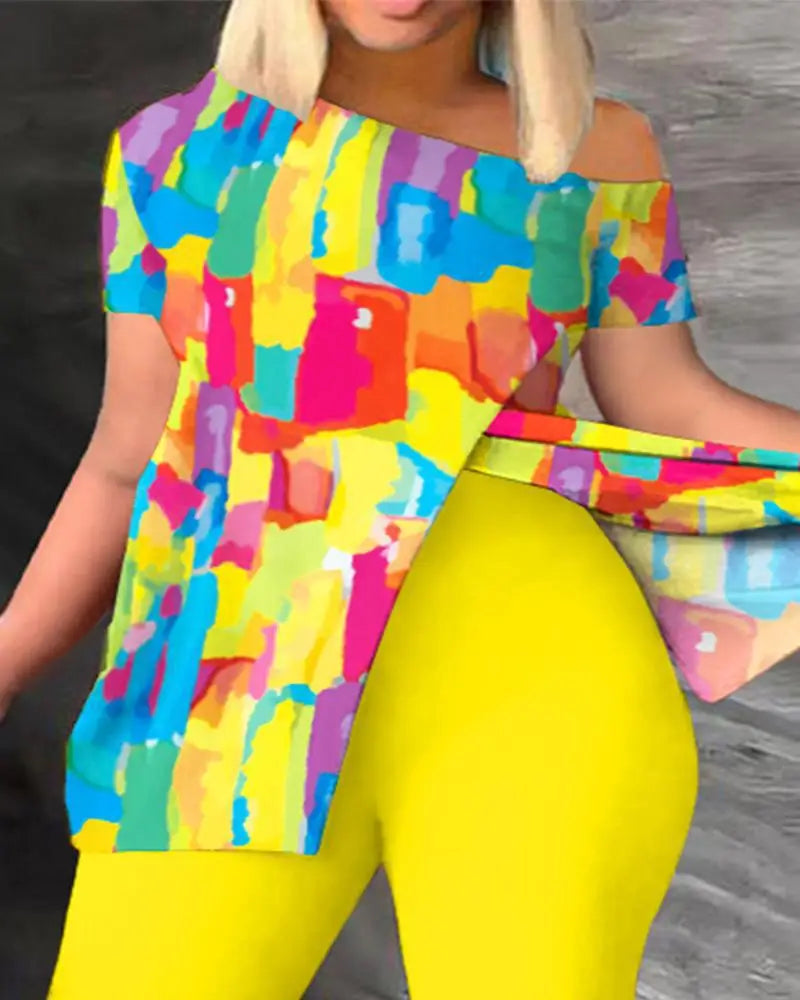 Conjuntos de dos piezas elegantes para mujer, nueva moda, estampado, top de manga con volantes, conjunto de pantalones de color sólido con cinturón, blusas, ropa femenina