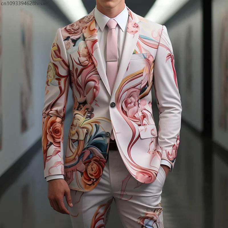 Traje casual de hombre, abrigo y pantalón con estampado digital de exquisitas rosas, para cosplay, fiesta, escenario o discoteca