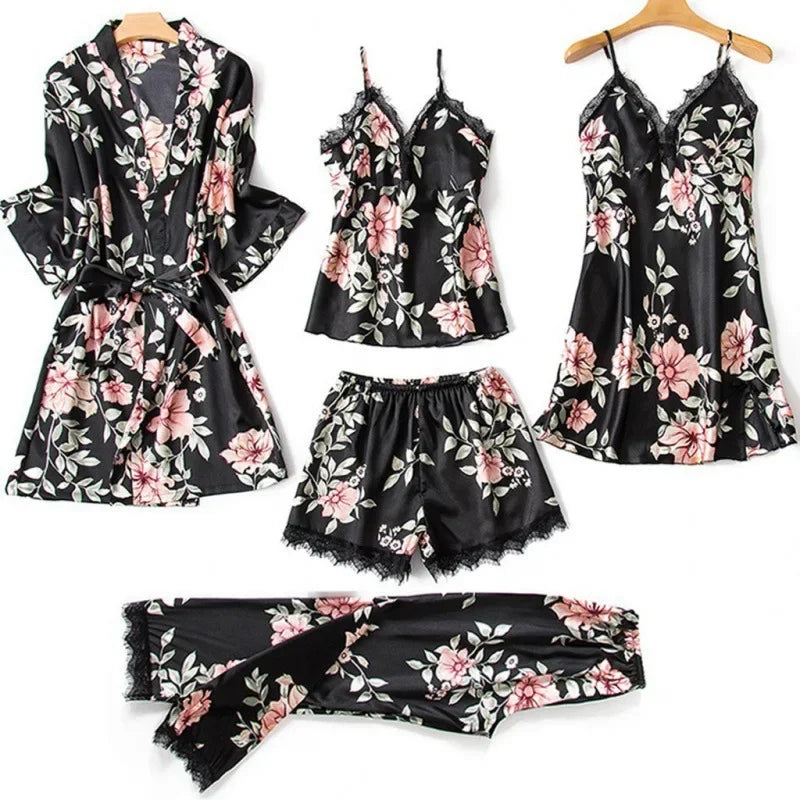Pijama para mujer verano sexy pijama conjunto de cinco piezas pijama de tirantes para mujer ropa de casa con almohadilla para el pecho bata