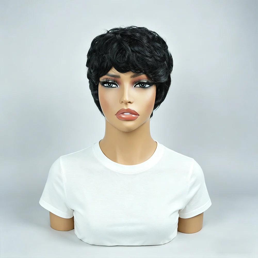Short Black Curly Pixie Cut Brazilian virgin Human Hair Wigs with Bangs, Natural Black Layered Wavy Wigs with Fringe, Full Machine Made, Daily/Party Wear