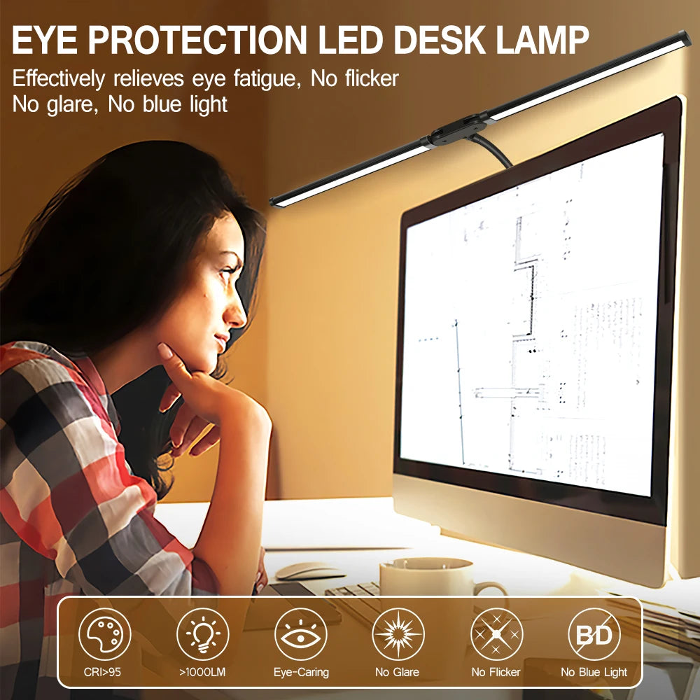 Lámpara de escritorio LED para oficina y hogar, lámpara de arquitecto para el cuidado de la vista con abrazadera, luz de mesa inteligente para monitores de doble pantalla