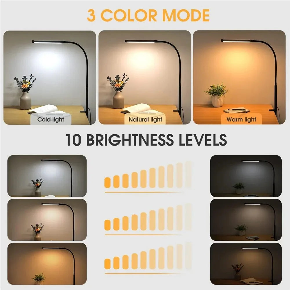 Lámpara de Escritorio LED de Uno o Dos Cabezales con Atenuación Continua, 3 Colores, Cuidado Ocular para el Hogar, Oficina, Luz de Lectura, Lámpara Flexible Ajustable