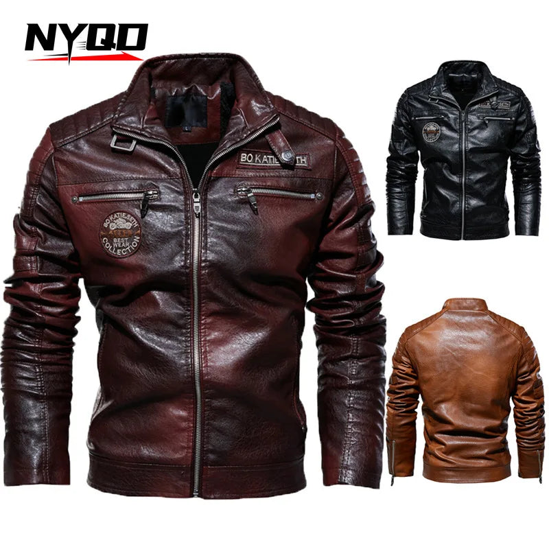 Veste de moto en cuir PU pour homme, coupe-vent, rembourrée, polaire, col montant, style décontracté