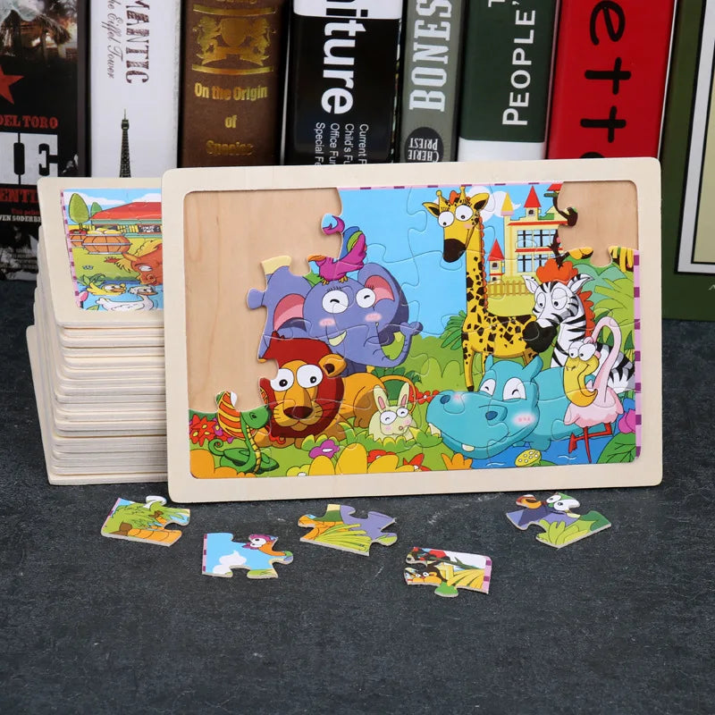 Rompecabezas de madera de 24 piezas para niños, diseño de animales de dibujos animados, juguete educativo temprano de madera para niños, regalo