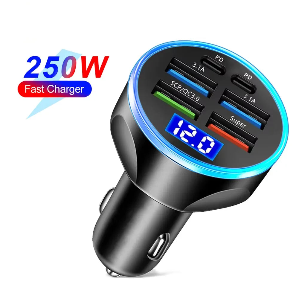 Cargador de coche PD de 250 W, carga rápida QC3.0, enchufe de encendedor de cigarrillos para coche 6 en 1, cargador de coche de 5 puertos con carga rápida y pantalla digital