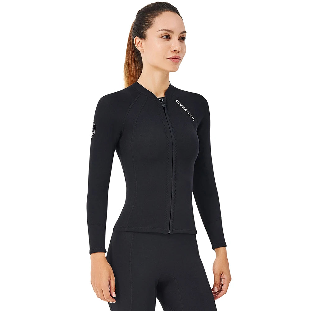 Traje de neopreno de 2 mm para mujer, con cremallera, chaqueta de buceo de manga larga, abrigo de esnórquel, chaqueta de surf para mujer, ropa de baño térmica, equipo