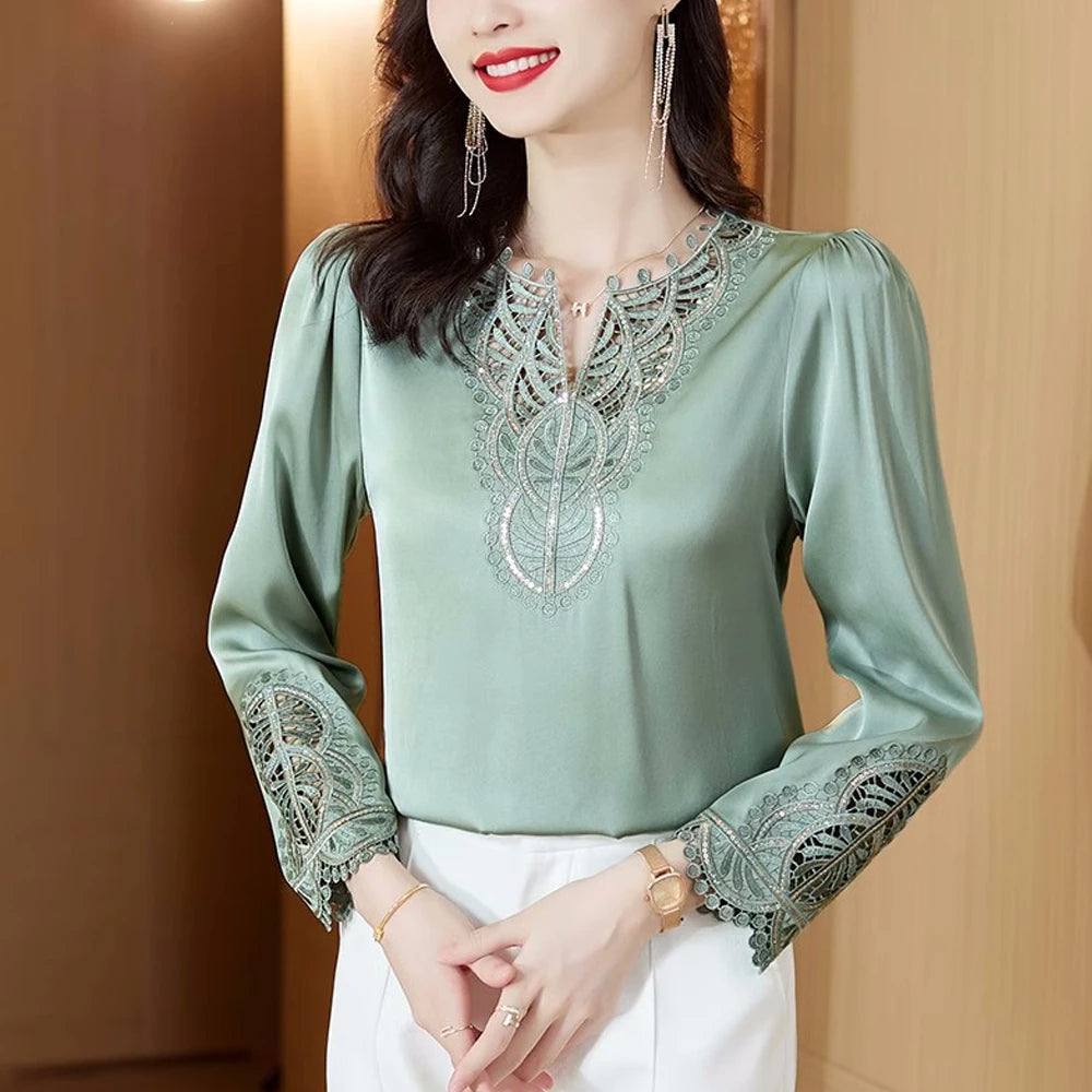 Moda Mujer Blusas de Seda Primavera Otoño Camisas de Manga Larga Bordadas Elegantes Tops de Diseño Retro para Oficina
