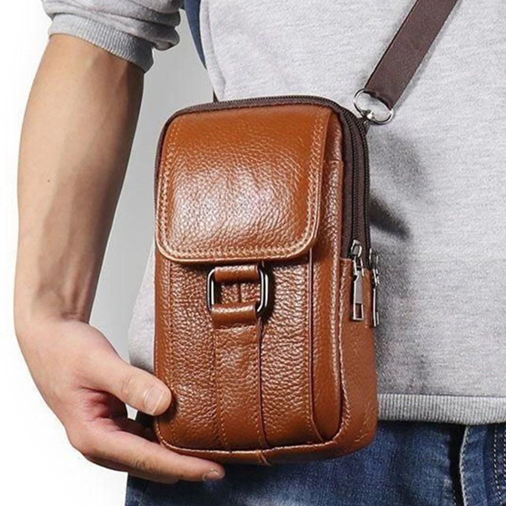 Riñonera portátil de cuero vacuno para teléfono móvil, multi-bolsillos, informal, para deporte al aire libre