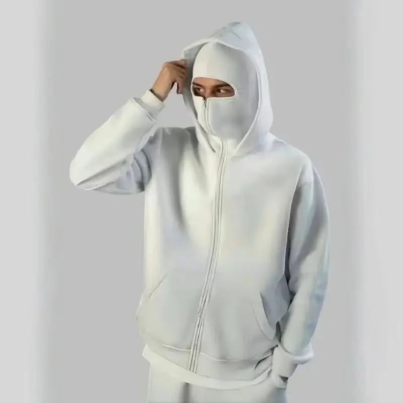 Balaclava Men Zip Hoodie Winter Warm Casual Sweatshirt Y2K with Hooded Face Mask Zipper Design Sports Jacket Outdoor Activities