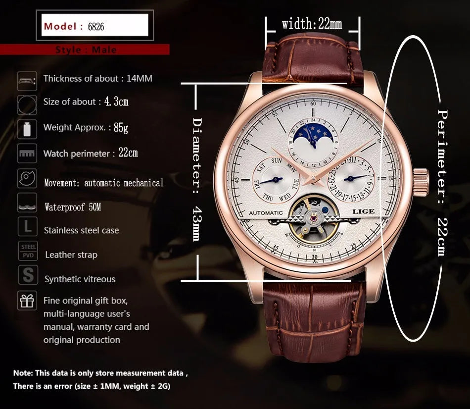 LIGE Relojes para hombre Reloj mecánico automático Reloj Tourbillon Piel auténtica Reloj impermeable Reloj de pulsera militar para hombre