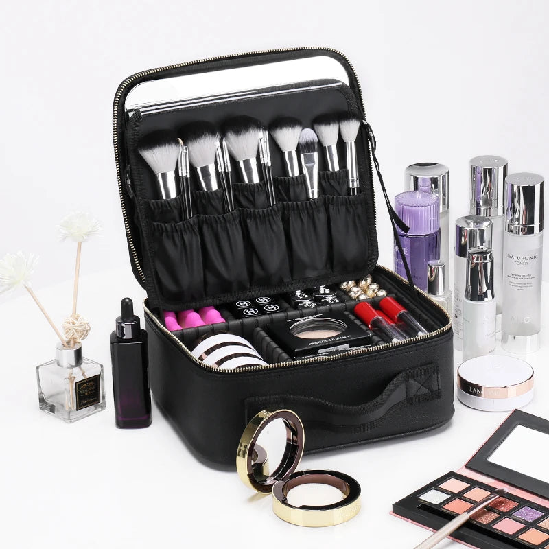 Bolsa de maquillaje, neceser de viaje de gran capacidad, impermeable, organizador de cosméticos con compartimento para brochas de maquillaje y asa para mujer