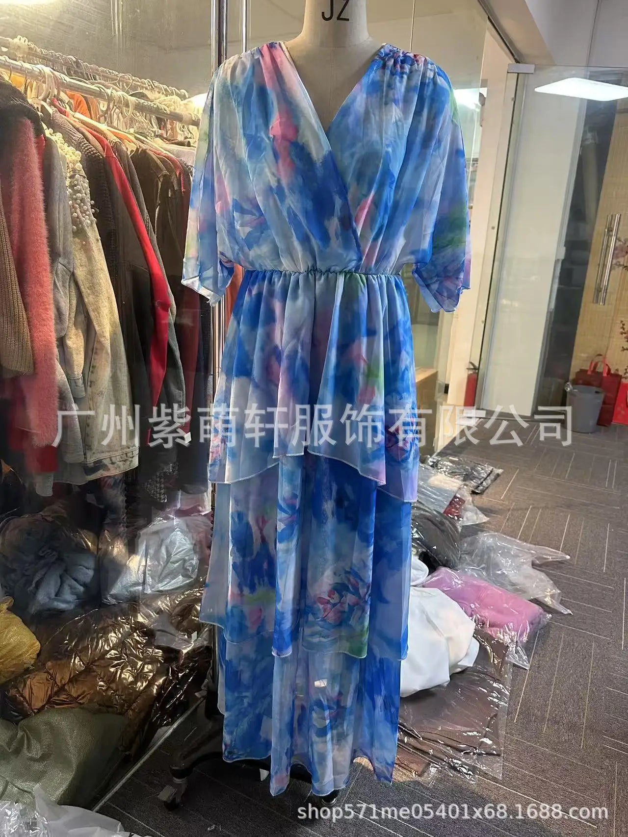 Vestido de mujer con estampado floral, multicapa, cuello en V, manga larga, estilo casual de verano