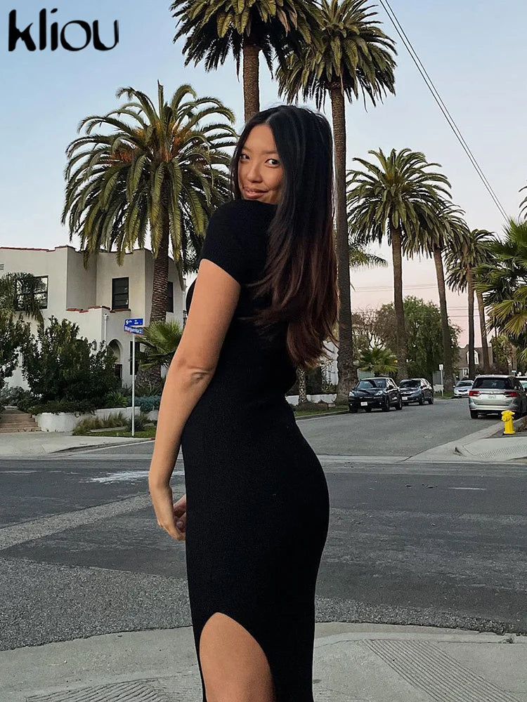 Kliou Elegante Vestido Largo de Oficina para Mujer Color Liso Cuello Vuelto Manga Corta Botones Abertura Lateral Moldeador de Cuerpo Estilo Urbano