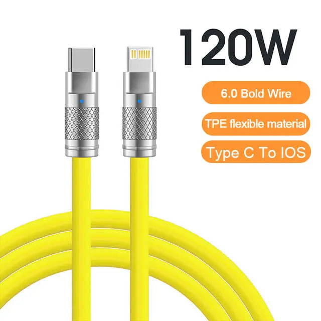 Cable de datos USB C de silicona líquida de carga súper rápida 120W 6A para iPhone 14 15 Huawei Samsung Xiaomi Cargador rápido Tipo C