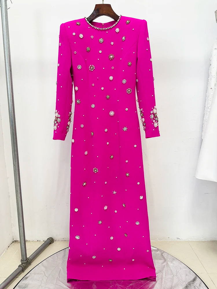 HIGH STREET Última Moda Diseñador Fiesta Vestido Formal Mujer Manga Larga Lujoso con Cuentas Vestido Largo Maxi