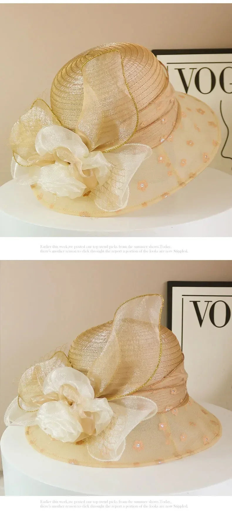 Sombrero de moda para mujer, elegante, de organza, con flor, ala ancha, para el sol, estilo retro, accesorio para fiesta o banquete, plegable para la playa