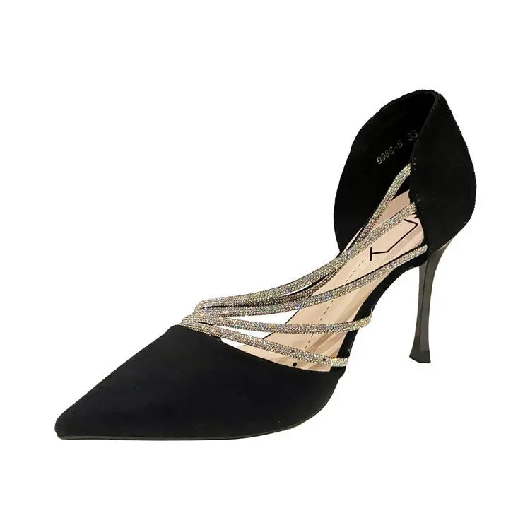 Zapatos de tacón alto para fiesta de noche de mujer, nuevos zapatos de salón elegantes para mujer, de punta, negros, con tiras, para mujer