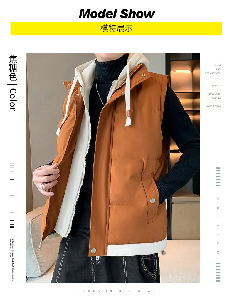 Chaleco cortavientos con capucha para hombre, chaqueta sin mangas, chaqueta de invierno, abrigo informal, chaleco grueso de algodón y plumón para hombre, abrigo grueso