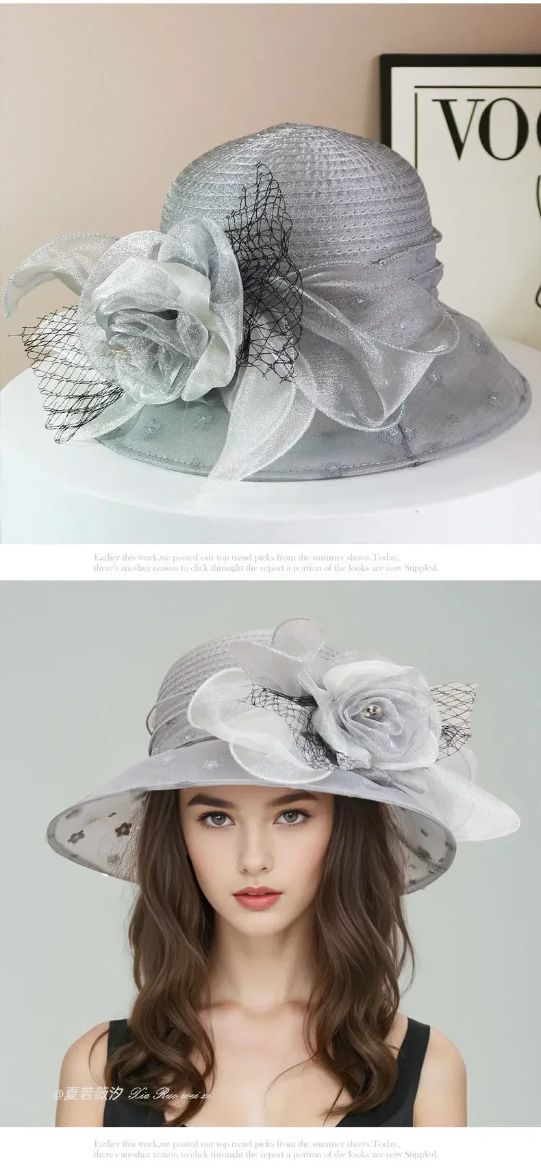 Sombrero de moda para mujer, elegante, de organza, con flor, ala ancha, para el sol, estilo retro, accesorio para fiesta o banquete, plegable para la playa