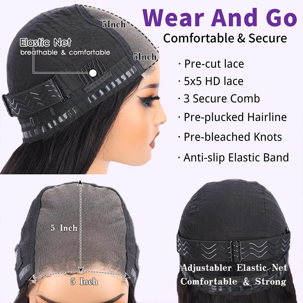 Pelucas sin pegamento Wear and Go de 42 pulgadas, cabello humano, pre arrancado, precortado, pelucas con cierre de encaje HD de 5x5, peluca Deep Wave de 250% de densidad para mujer